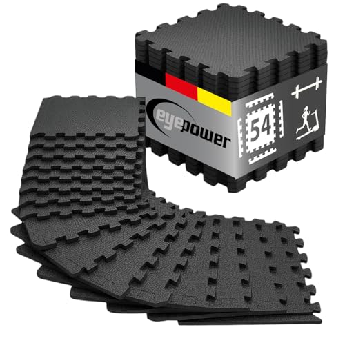 eyepower Bodenschutzmatte Fitness 54er Set 30x30 cm Schwarz mit Rand – Puzzle Matte 5,2 m² für Homegym - rutschfest & geräuschdämmend Schutzmatte für Fitnessgeräte