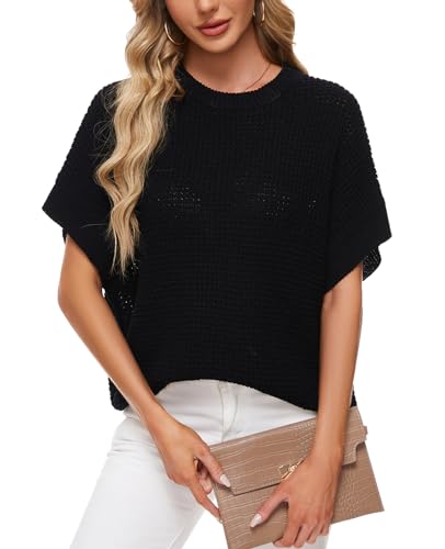 Image of MINTLIMIT Womens Batwing Short Sleeve Sweaters Loose Oversized Waffle Knit Pullover Sweater Top