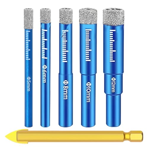 6pcs Brocas Diamante con Vástago, 5/6/8/10/12mm Brocas Porcelanico con 6mm Taladro Carburo Juego Diamante Seco Diamond Coated Core Bit para Gres Porcelanico Cerámica Granito Mármol Cuarzo