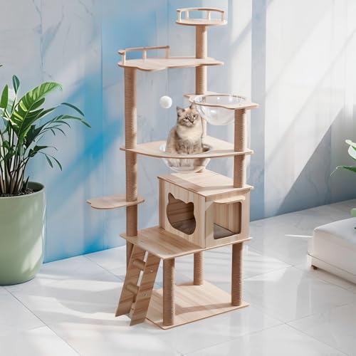 キャットタワー 猫タワー 大型猫 据え置き 猫タワー 大きめ宇宙船 見晴台付き ねこハウス 透明のスペースカプセル 木製 大きくてスリムなデザイン 多頭飼い 頑丈 高い安定性 丸角設計 組み立て簡単 安定性 爪とぎポール 運動不足解消 お手入れ簡単 省スペ