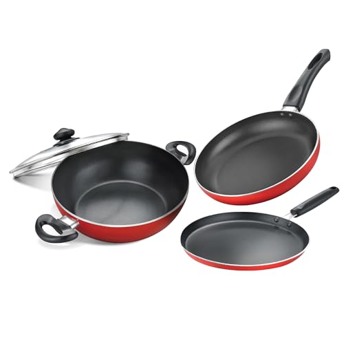 Judge by Prestige Deluxe Induction Bottom Non-Stick Coated 3 Pc Cookware Set (Tawa 25Cm+Fry Pan 24 Cm+Kadai 24 Cm with Glass Lid) - Red