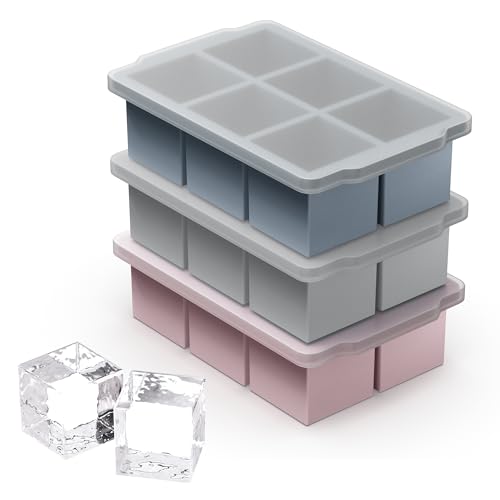 Image of VLM 3 Packs Large Ice Cube Molds with Stackable Lid,Silicone Ice Cube Tray for Freezer,Big Square Ice Tray for Whiskey,Cocktails,Bourbon and Soups