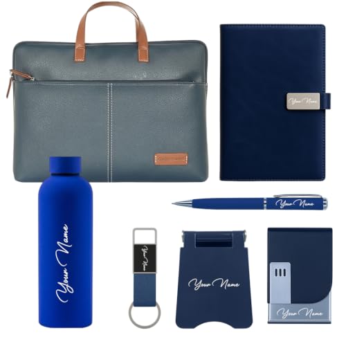 Image of Giftana 7 in 1 Laptop Bag with Personalized Diary & Pen, Keychain, Card Holder, Mobile Stand, Bottle 500ml, Customized Gift for Husband, Employee Welcome Kit, Corporate Gift for Employees (Blue)