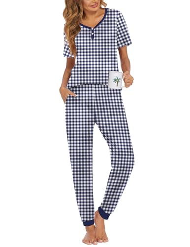 Image of Ekouaer Pajamas for Women Set 2 Piece Lightweight Summer Lounge Sets Short Sleeve Tops Joggers Long Pants Pjs with Pockets Navy Plaid Large