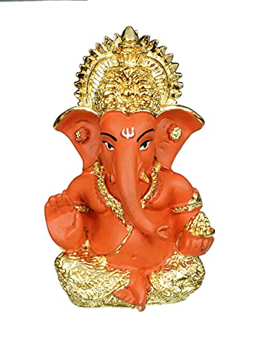 Image of eCraftIndia Golden and Orange Polyresin Lord Ganesha Idol for Home, Temple, Office, Car Dashboard - Gift for Family, Friends, Colleagues - Suitable for Housewarming Ganesh Chaturthi, Diwali Festivals
