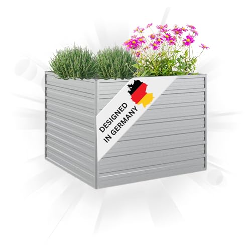 DELUKE® Hochbeet für Garten Oskar Silber | 100x100x77cm | Verzinkter Stahl | Wetterfest | Hochbeet Metall Gartenbeet Kräuterbeet Blumenbeet Beet hoch Frühbeet für Garten Gemüsebeet