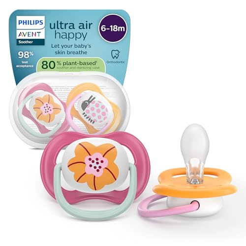 Philips Avent chupetes ultra air: diseño anatómico, para bebés de 6 a 18 meses, tetina simétrica de silicona suave, sin BPA, con estuche esterilizador, paquete de 2, SCF080/27 Philips Avent chupetes ultra air: diseño anatómico, para bebés de 6 a 18 meses, tetina simétrica de silicona suave, sin BPA, con estuche esterilizador, paquete de 2, SCF080/27