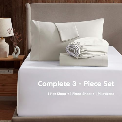 Image of Nestl Twin Bed Sheet Set - Off White - 3-Piece Deep Pocket | Instantly Soft, Night-One Ready (No Wash Required). Fits 16-Inch Deep Pockets, 360-Degree Elastic Grip