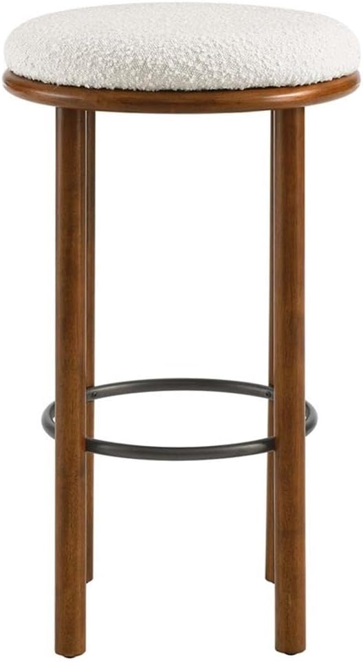 Modway Fable 30 Inch Backless Wood Bar Stools Set of 2 in Walnut Ivory - Upholstered Padded Boucle Round Barstool - 2Pc Bar Height Stools with Footrest