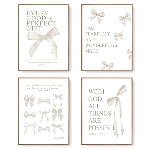 Image of LARTSFRO Coquette Beige Bow Wall Art Decor Posters, Beige Bow Christian Room Bedroom Bathroom Dorm Wall Art Decor Aesthetic for College Teen Girls Gifts, Inspirational Bible Verses Bow Wall Decor, 12x16 Inch Set of 4 Pcs Bow Pictures (UNFRAMED)