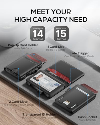 Wallet for Men Card Holder: Pop Up Card Case, Genuine Leather, Smart, RFID Blocking, Slim, Minimalist, Thin, Front Pocket, Gift Box - 10-14 Card Capacitiy, ID Window, Cash Pocket (Black)2