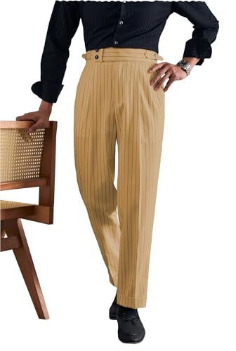 Men's Striped Dress Pants Slacks Slim Fit Business Work Suit Gurkha Flat Front Trousers