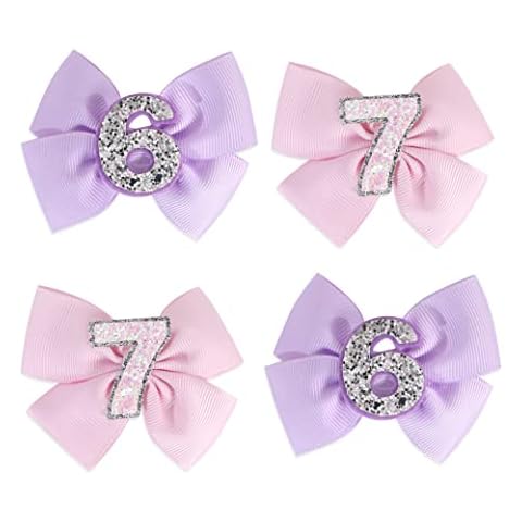 4pcs Birthday Hair Bows For Girls - 2nd to 7th Birthday Hair Bows, Pink and Lilac Ribbon Hair Bows Aligator Clips, Hair Accessories for Girls, Birthday Gifts for Girls (NO.6 and 7 birthday bow) Cover