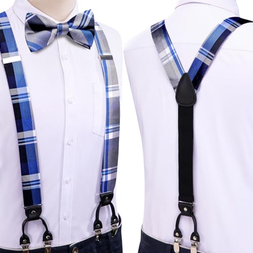 Image of Hi-Tie Men Suspender Bowtie Set Suspenders Pre-tied Bow Tie Pocket Square Cufflinks Adjustable Y Shape 6 Clips Braces Tuxedo