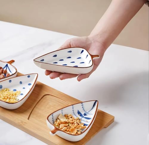 Image of Beyond Homes Ceramic Serving Platters | 4 Leaf-Shaped Platter Plates with Wooden Tray Set for Serving | Hand Painted Dry Fruits Serving Tray | Appetizer Serving Dishes for Kitchen (White & Blue)