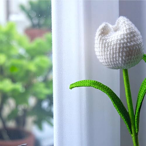 Image of Tulip Crochet Flowers | Handcrafted Artificial Faux Woolen Flower with Long Stem | Natural Looking Knitted Flower for Home, Living Room, Vase & Bouquet Decoration & Gifting | White- 2 Pcs