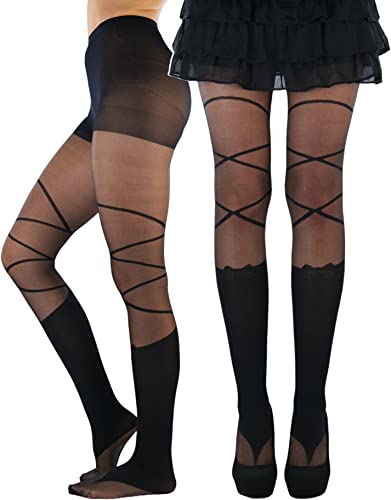 Image of ToBeInStyle Women's Strappy Zig Zag Lace Up Bandage Print Fashion Goth Tights