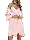 【Elegantes Design】Sexy negligee mit verstellbaren schultergurten, rückenfreiem v-ausschnitt; Bademantel mit 3/4 Ärmel, gürtel und rüschendesign. Reine farbe sexy, elegante und komfortabel, für alle geeignet.