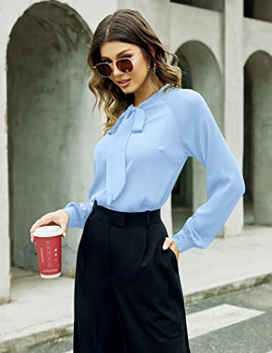 Acevog Women's Bow Tie Neck Long Sleeve Shirt Blouse Tops,Light Blue,X-Large #TOP2