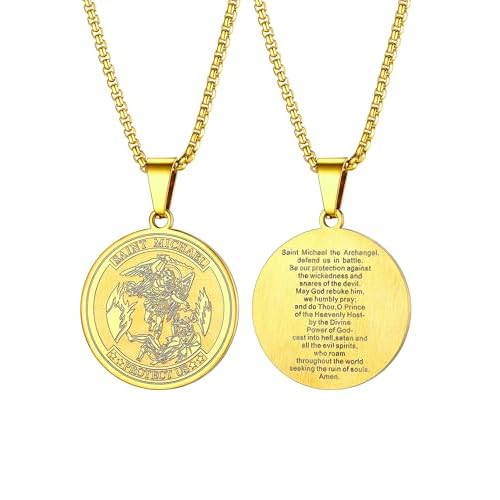 PROSTEEL Saint St Christopher/Benedict/Michael Medal Necklace for Men, 316L Stainless Steel Protection Necklace Catholic Jewelry, 22"-24" Adjustable, Come with Box Gold 6. Saint Michael-Roun