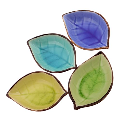 SOLUSTRE 4Pcs Leaf Shape Porcelain Bowls Multi Use Ceramic Plates for Sauces Dipping Appetizers for Jam Ketchup Seasoning Smooth Finish Lake