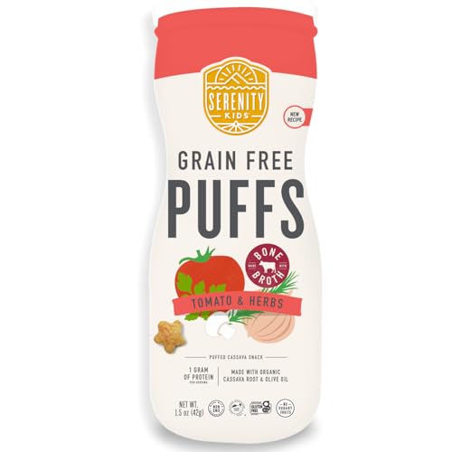 Image of Serenity Kids 6+ Months Grain Free Puffs Toddler & Baby Snack | No Added Sugar, Gluten & Rice Free, Allergen Free | Made with Organic Cassava, Veggies, and Herbs | Tomato & Mushroom | 1 Count