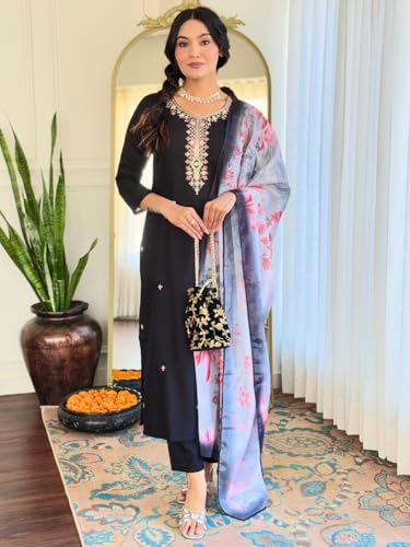 Image of Naixa Women's Rayon Embroidered Straight Kurta with Pant and Dupatta Sets (Available in Plus Size) (NX-624)