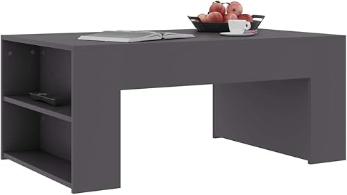 Miniatura 3 de SecondBoy - Mesa de café rectangular con acabado gris gris y moderno, con base voluminosa, con 2 niveles, compartimento pequeño para estante
