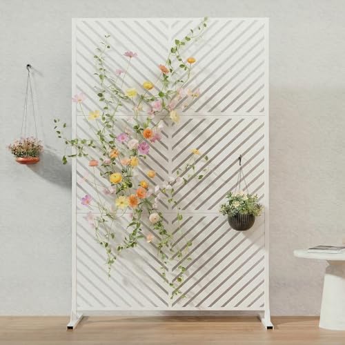 Casaphoria Metal Privacy Screen Outdoor, 72" H x 47" W Freestanding Decorative Privacy Screen for Patio Deck Balcony Garden with Stable Base, White-Parallel