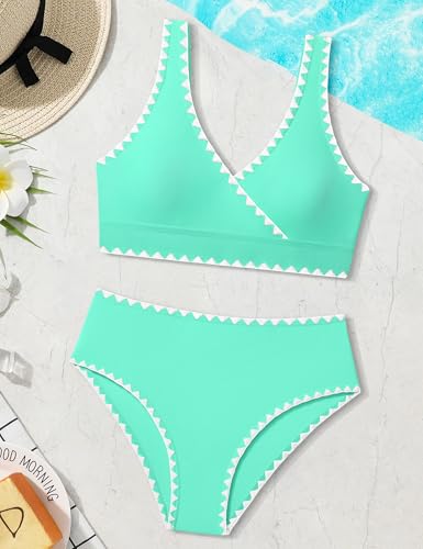 Image of KANGKANG Girls Swimsuit Bikini Set Solid Color V-Neck Two Piece Bathing Suit with Chest Pad Adjustable Straps Swimwear 7-16T