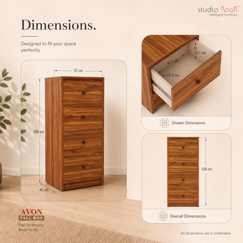 Image of Studio Kook Avon Tallboy Chest of Drawers, 4 Drawers, Matte Finish (Amber Walnut)