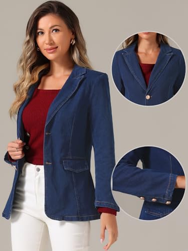 Allegra K Notched Lapel Blazer for Women's Denim Single Breasted Shoulder Pad Business Casual Jackets2