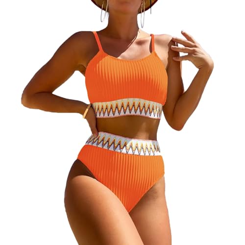 Bikinis Para Mujer, Traje De Baño De Cintura Alta Para Mujer, Conjuntos De Bikini De Dos Piezas Acanalados Con Bloques De Color, Trajes De Baño Atrevidos De Corte Alto(Orange,L)