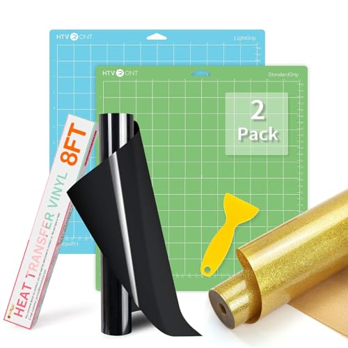 HTVRONT 12'' 8ft & 12'' 10ft Glitter HTV Vinyl Rolls & 2 Pack 1212 Variety Cutting Mats for Cricut Maker/ Maker3/ Explore 3/ Air 2/ Air/ One & Shirts