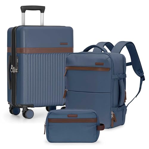 Image of U.S. Traveler Vista Way 3-Piece Travel Set, 21-Inch Carry-on Hardside with TSA Lock, 18-Inch Travel Backpack with Laptop Sleeve, Toiletry Bag, Navy