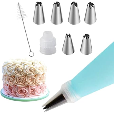 Cyraeon 10pcs Reusable Piping Bag Set, Pair of Piping Bags and Nozzle Sets, 6 Stainless Steel Nozzles, 1 Plastic Coupler and Cleaning Brush. Cake Decorating Supplies Kit. Icing Bags and Nozzles Set Cover