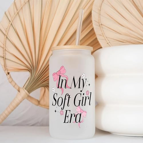 HONOCOOLS Coquette Bow Glass Can 16Oz with Bamboo Lids and Straw - Aesthetic Glass Cup - Trendy Glass Cup for Girls - Glass Can Gifts for Bestfriend Sister Girlfriend (Soft Girl)