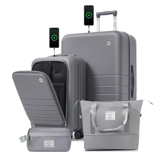 Image of 4-Piece Luggage Set, Suitcase with TSA Lock Travel Duffel Bag Wet-Dry Toiletry Bag, Grey Front-Opening