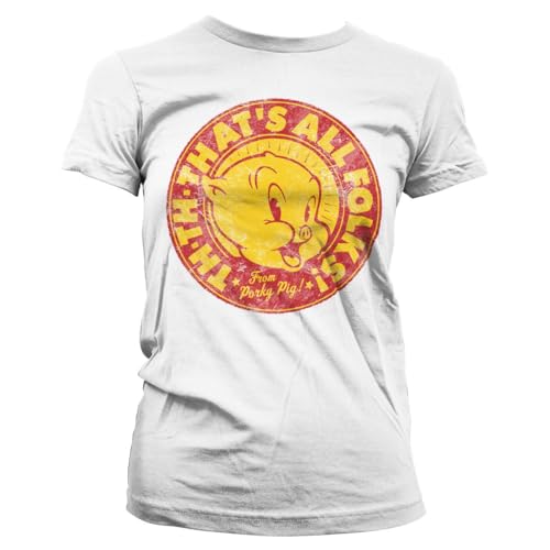 Image of LOONEY TUNES Officially Licensed Porky Pig - That's All Folks! Women T-Shirt (White), Large