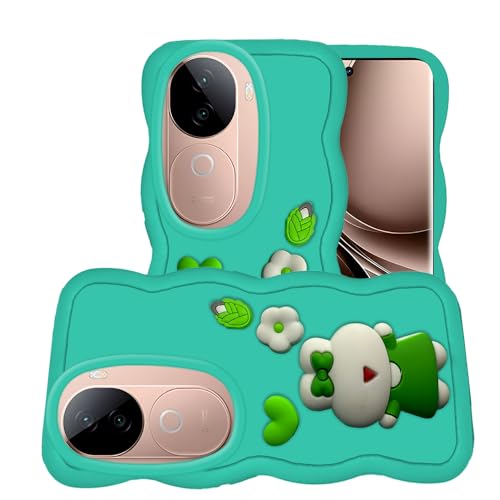 Image of AESTMO Back Case Cover for Vivo V40E 5G / iQOO Z9S 5G | 3D Cute Fun Cartoon Characters | Anti Slip Grip Cute Wave Curly Frame Shape | Full Body Protection Back Cover (Mint Green)