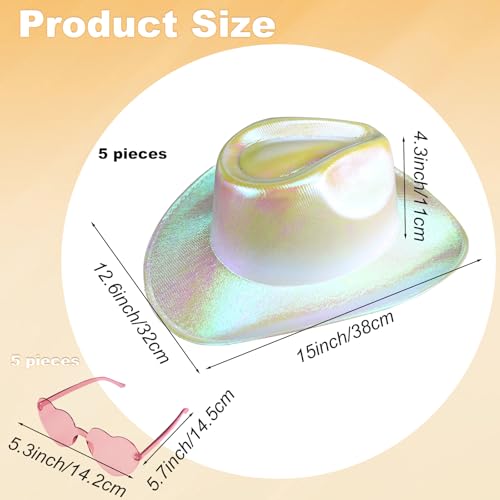 12 Pcs Holographic Space Cowgirl Hat with Heart Glasses Neon Sparkly Cowboy Hat Disco Cowgirl Hat for Women Party (Multicolor)2