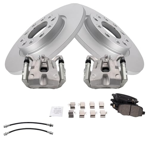 Image of TRQ Rear Brake Pad and Rotor Set Ceramic Coated Rotors Calipers Hoses Compatible with 2015-2017 Chrysler 200