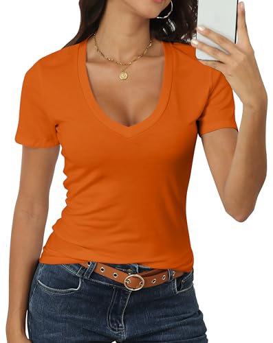 Roselux Women Short Sleeve Deep V Neck Tops Shirts Fitted Cotton Modal Summer Sexy Tshirt Tee Orange XL