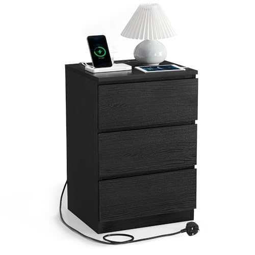 VASAGLE KAILYN Collection - Bedside Table with Power Strip, Side End Table with Drawers, 2 AC Outlets, 2 USB Ports, for Living Room, Bedroom, Study, Ebony Black LET631B57