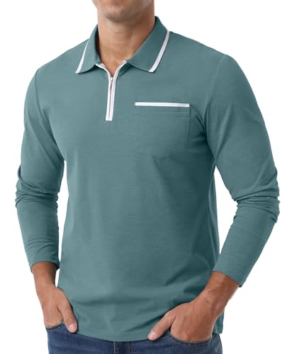 Askdeer Men's Polo Shirts Zip Long Sleeve Classic T-Shirts Casual Golf Shirts Stylish Collared Tee3