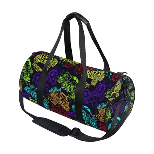 Round Duffel Sports Bag Colorful Monster Truck Lightweight with Inner Pocket Gym Bag for Men Women Duffle Bag for Travel Sports
