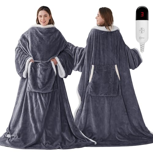 Wearable Heated Blanket with Foot Pockets, Electric Wearable Throw Blanket with Sleeves, Wearable...