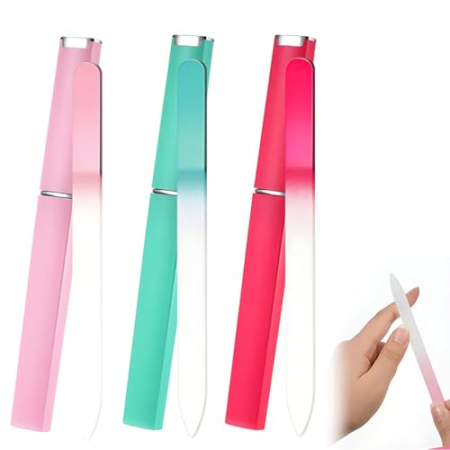3 Limes à Ongles en Verre, Outils de Manucure Professionnels, avec Boîte de Rangement, Adapté pour Femmes(Rouge,Vert,Rose)