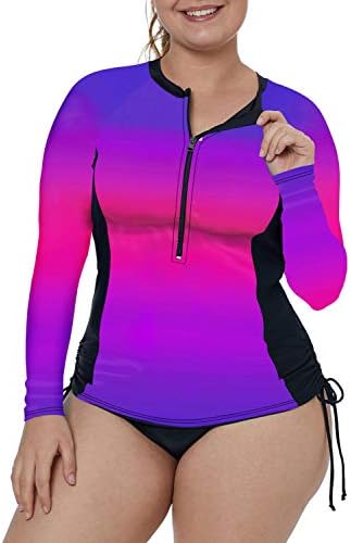 XAKALAKA Women's Plus Size Zip-Front Multicolor Striped Long Sleeve Tankini Rashguard Top Rose XXL
