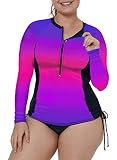 XAKALAKA Women's Plus Size Zip-Front Multicolor Striped Long Sleeve Tankini Rashguard Top Rose XXL